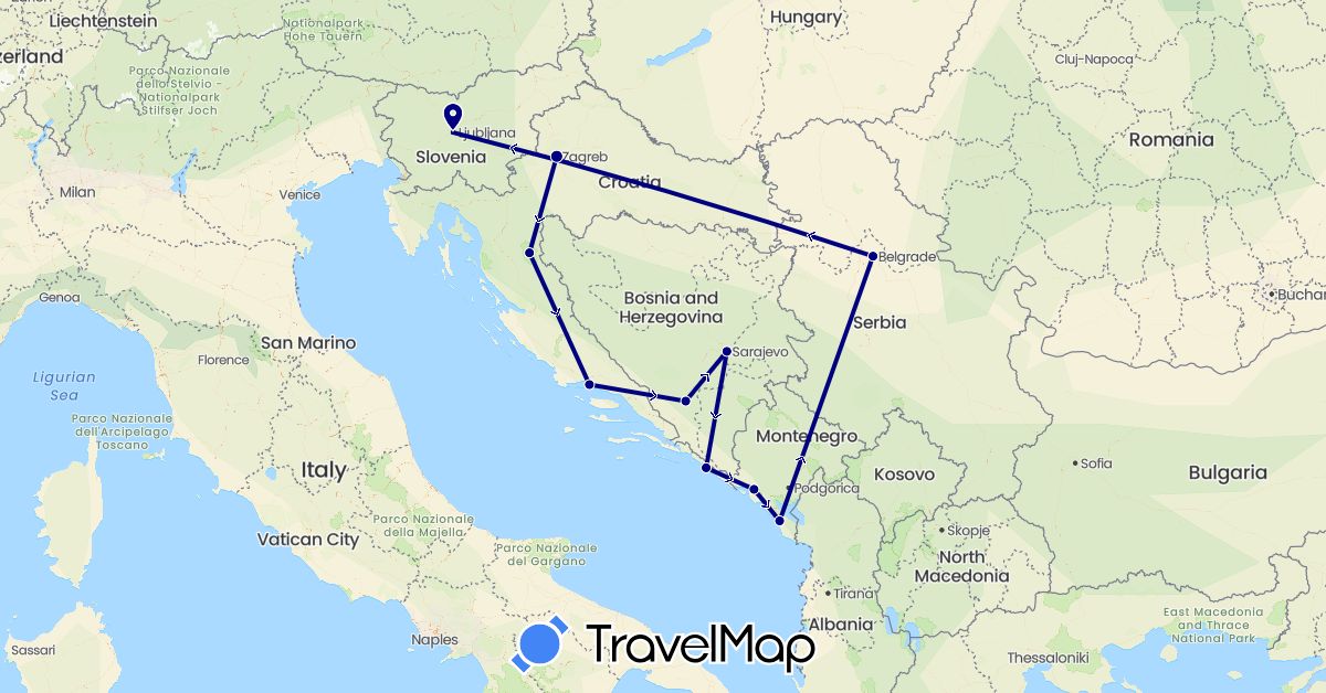 TravelMap itinerary: driving in Bosnia and Herzegovina, Croatia, Montenegro, Serbia, Slovenia (Europe)